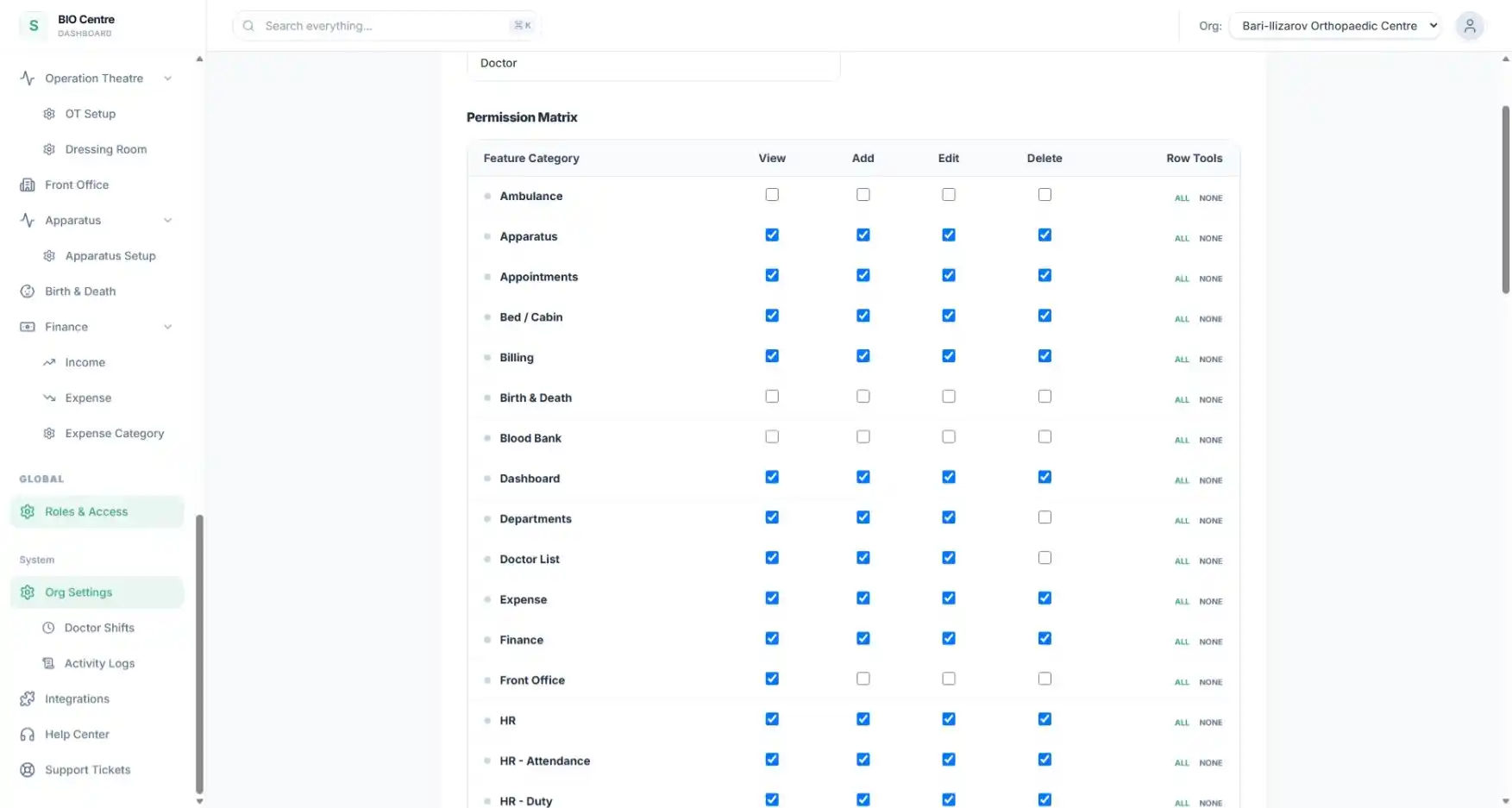 Permission matrix with feature categories and view, add, edit and delete rights per role.